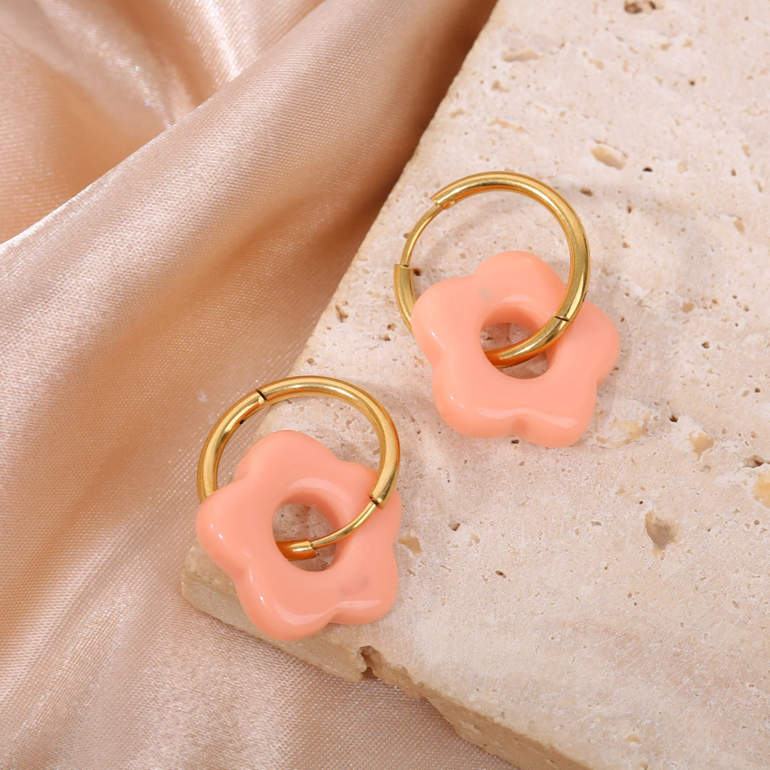 Boucles d'oreilles Acier inoxydable doré et resine motif fleur Pop