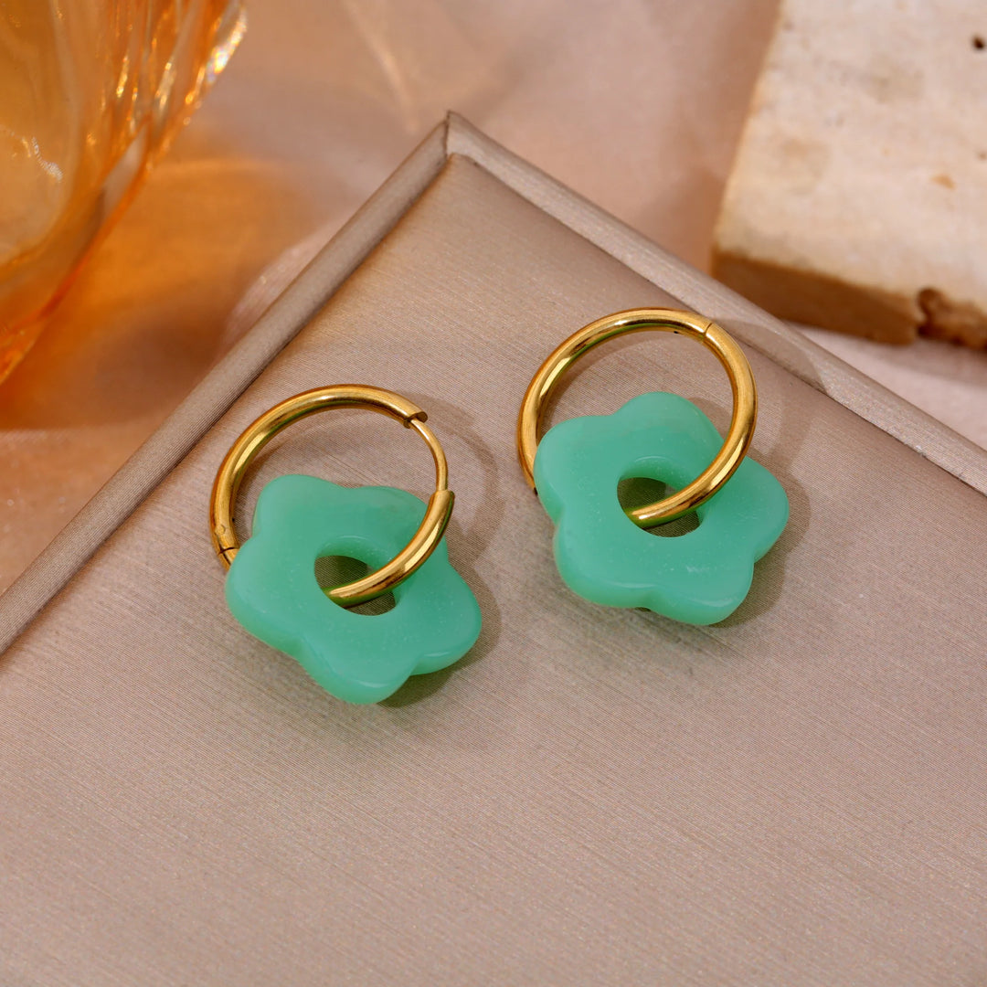 Boucles d'oreilles Acier inoxydable doré et resine motif fleur Pop