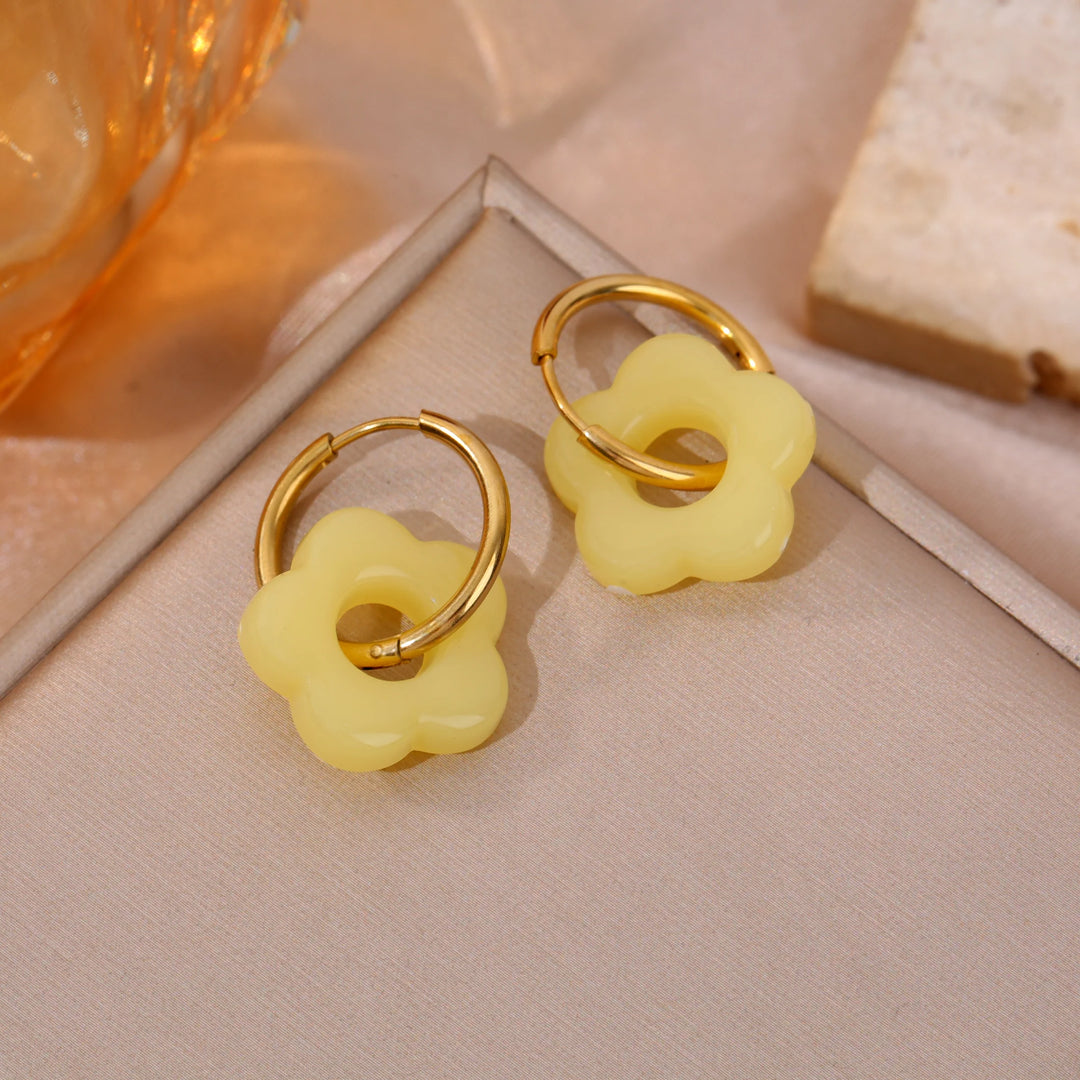 Boucles d'oreilles Acier inoxydable doré et resine motif fleur Pop
