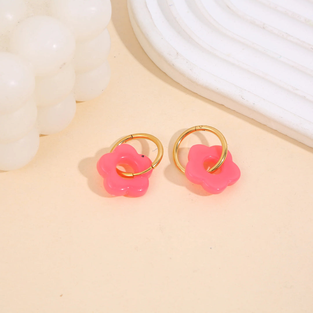 Boucles d'oreilles Acier inoxydable doré et resine motif fleur Pop
