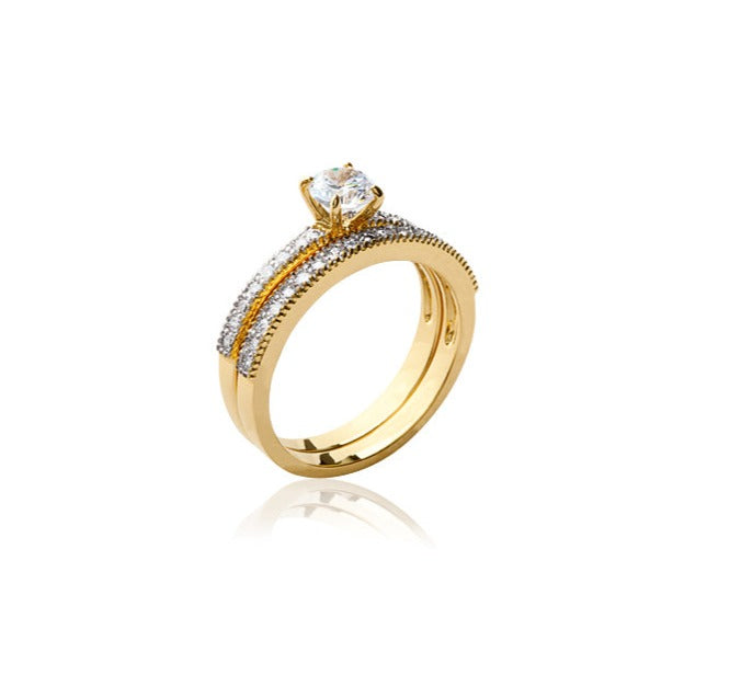 Bague Plaqué Or alliance sertie grain & solitaire accompagné Aphrodite