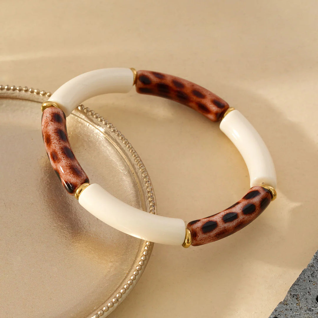Bracelet Acier inoxydable doré femme en Acrylique blanc avec motif leopard Ivory