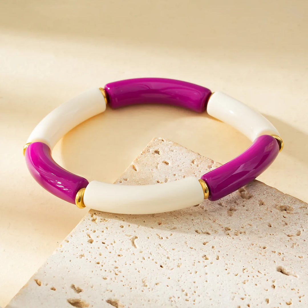 Bracelet Acier inoxydable doré femme en résine couleur ivoire et violet Ivory
