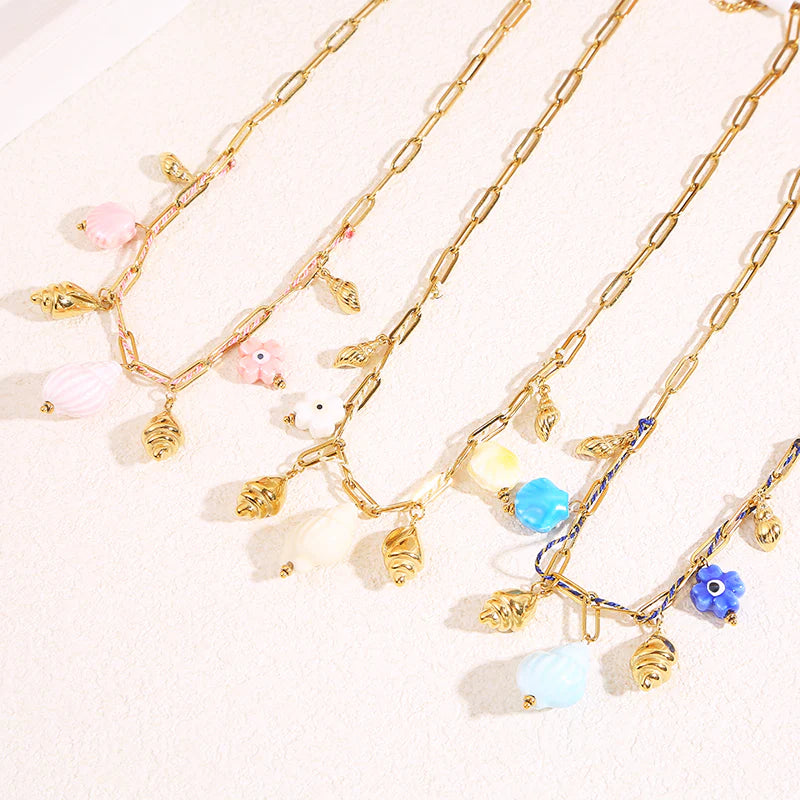 Collier Acier inoxydable doré femme et tissu bleu Coraya