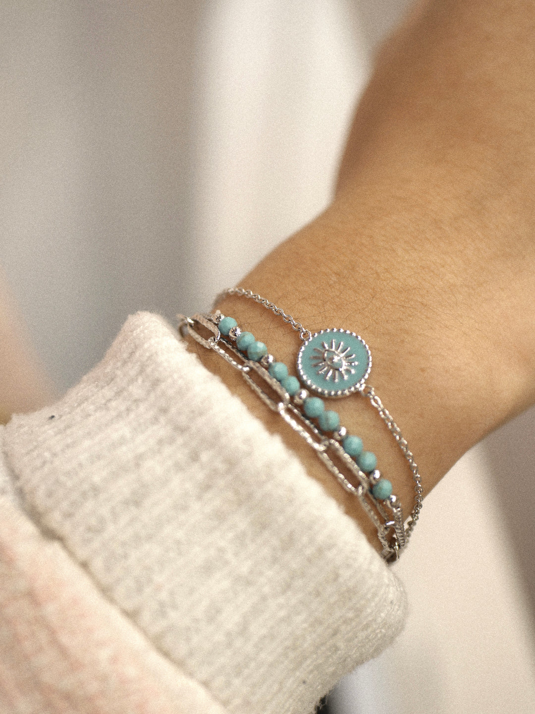 Bracelet Argent 925 perles turquoise triple Coralia