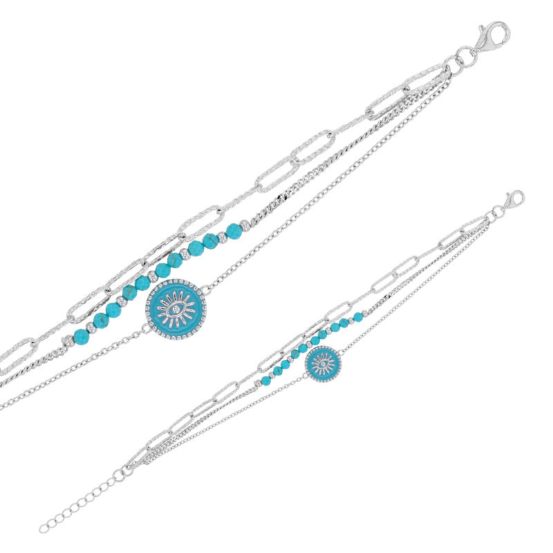 Bracelet Argent 925 perles turquoise triple Coralia