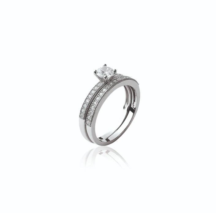 Bague Argent 925 alliance sertie grain & solitaire accompagné Aphrodite