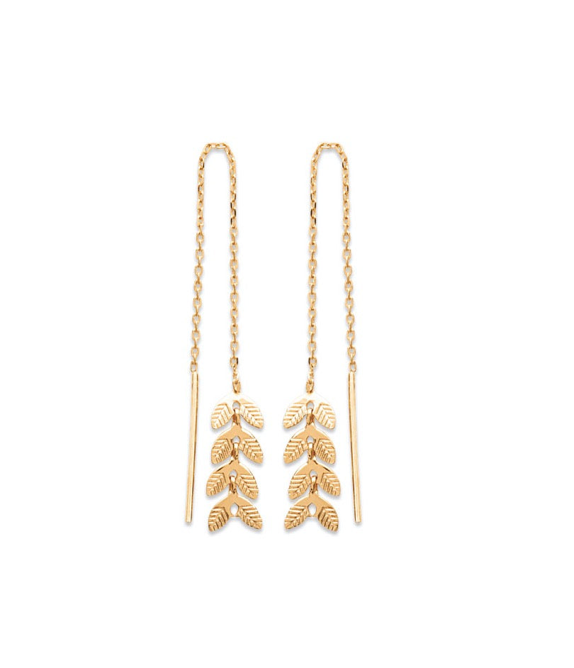 Boucles d'oreilles Plaqué Or pendantes à fil motif laurier Hisaé