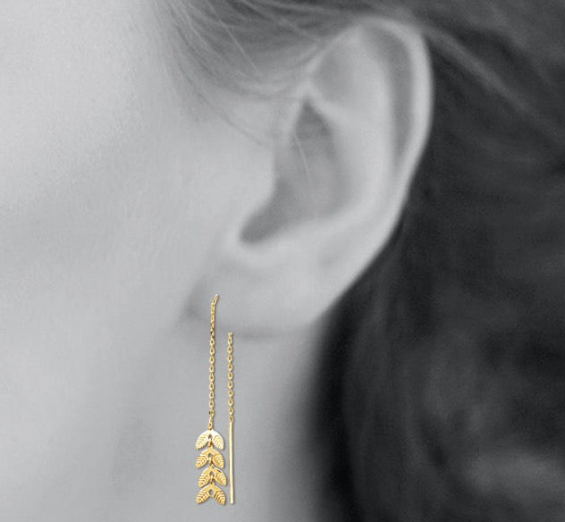 Boucles d'oreilles Plaqué Or pendantes à fil motif laurier Hisaé