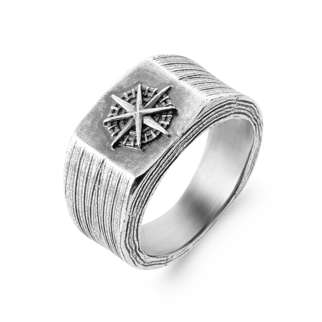 Bague homme Argent 925 chevalière motif Rose des vents Enzo