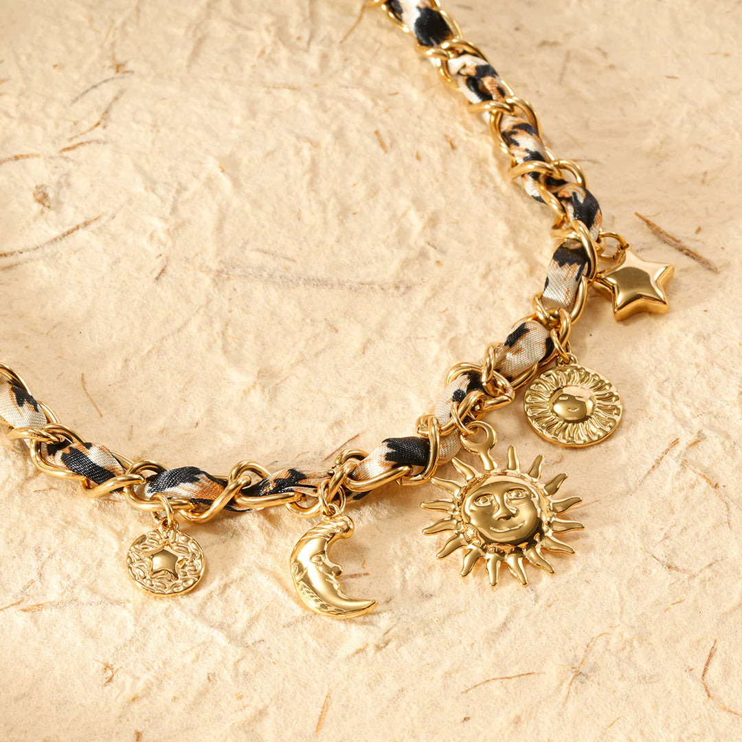 Collier Acier inoxydable doré femme en tissu imprimé léopard et chaîne avec breloques Savage