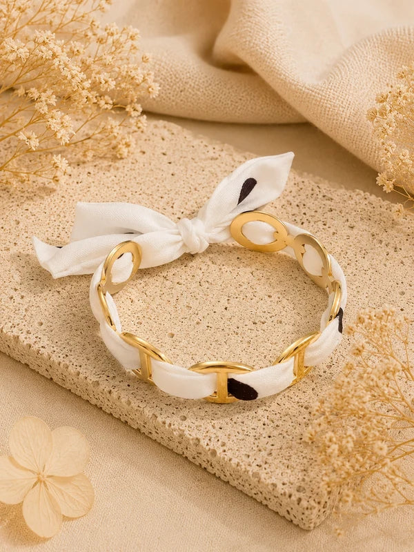 Bracelet Acier inoxydable & tissu noir et blanc Rosette