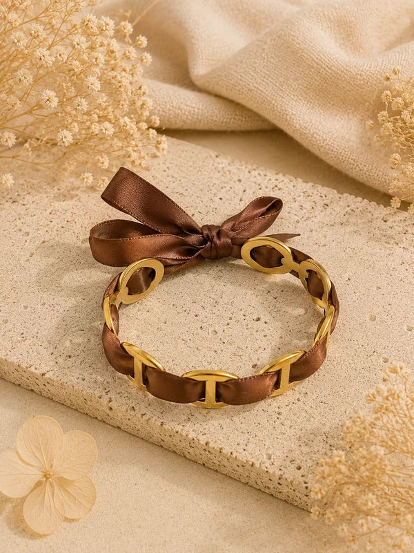 Bracelet Acier inoxydable & tissu marron Rosette