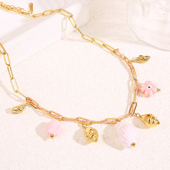 Collier Acier inoxydable doré femme et tissu rose Coraya