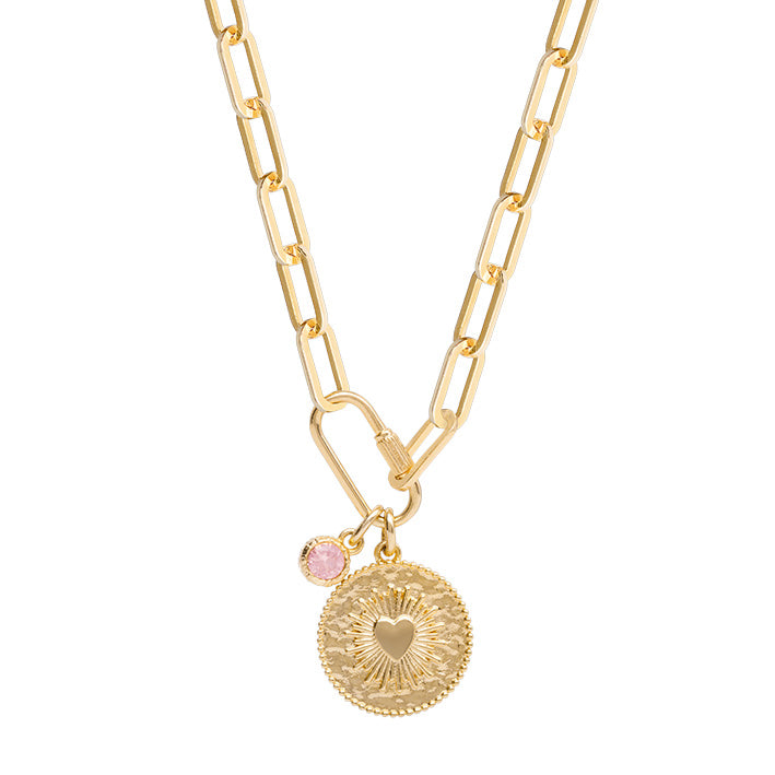 Collier Plaqué Or & Oz médaille ronde coeur maille trombone Aelys