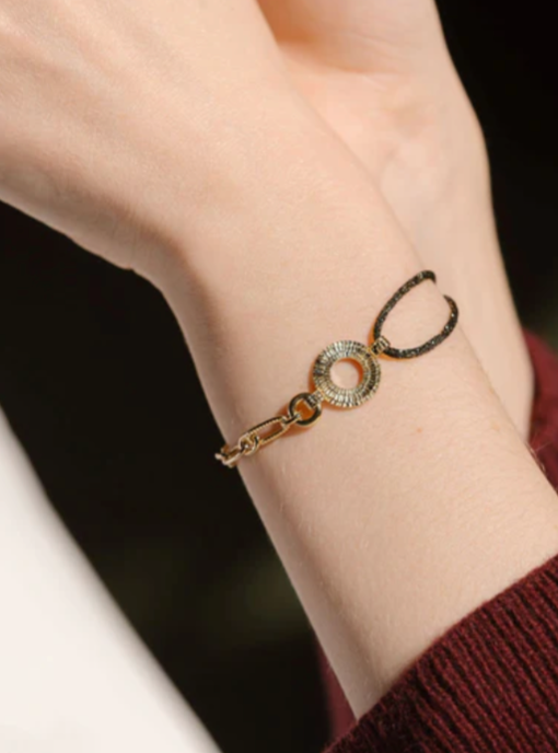 Bracelet Plaqué Or & Tissu noir pailleté Tesselle Saunier