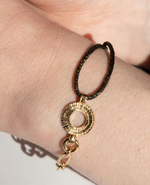 Bracelet Plaqué Or & Tissu noir pailleté Tesselle Saunier