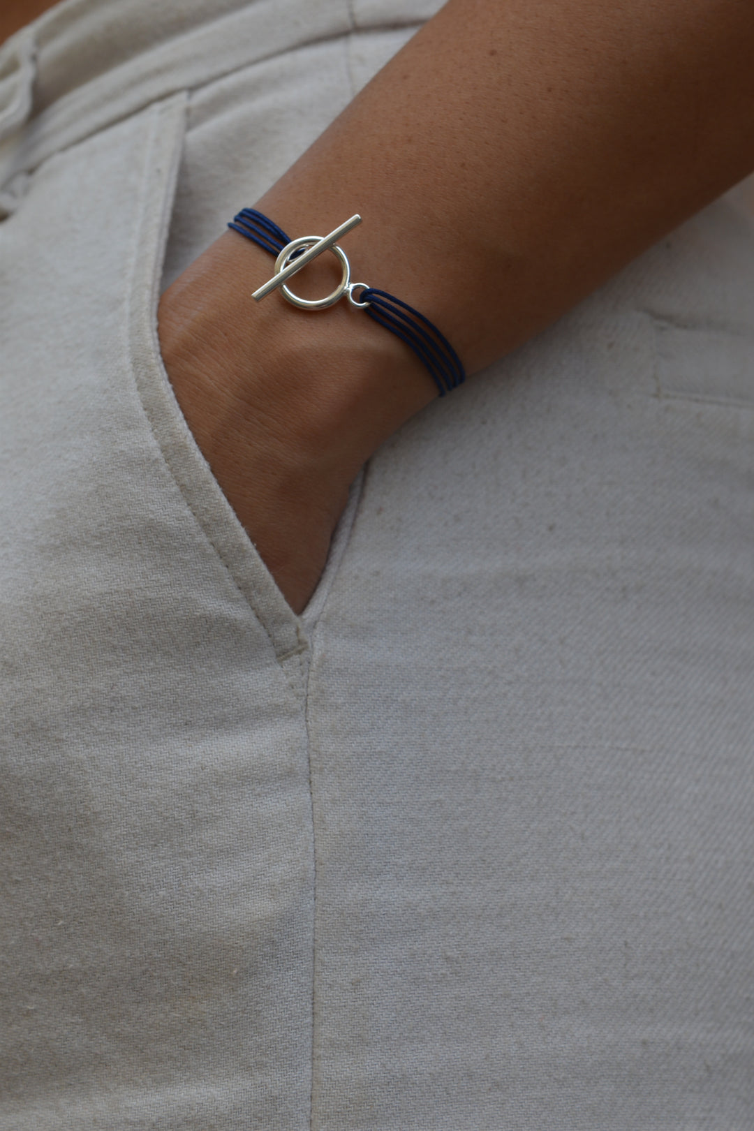 Bracelet Argent 925 & tissu bleu marine Aria