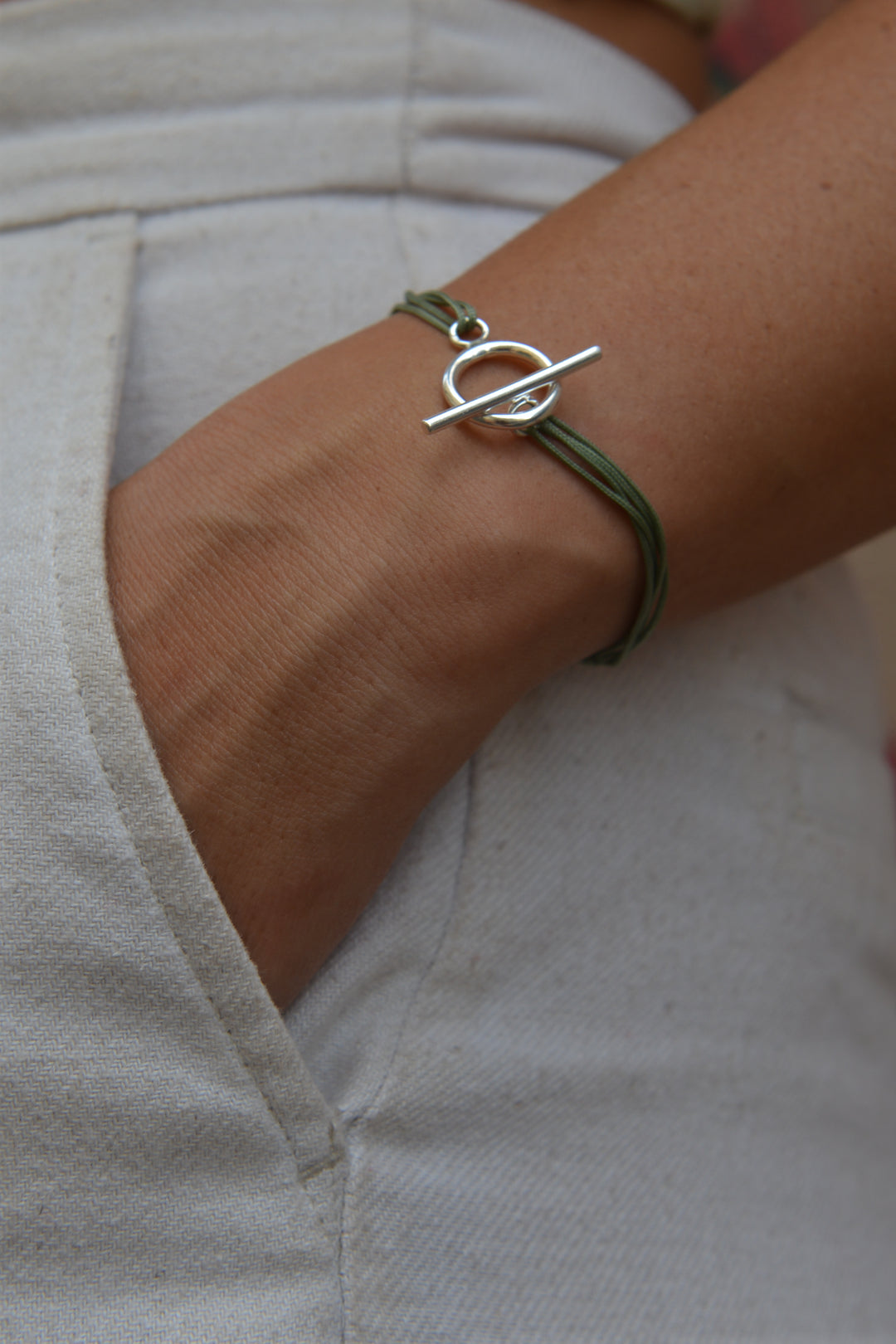 Bracelet Argent 925 & tissu vert Aria