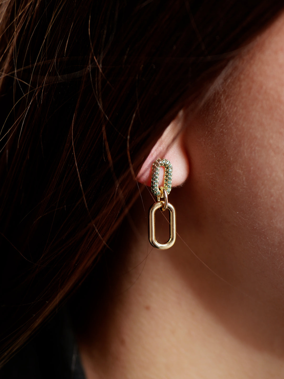 Boucles d'oreilles Plaqué Or & Oz vert pendantes Maillon