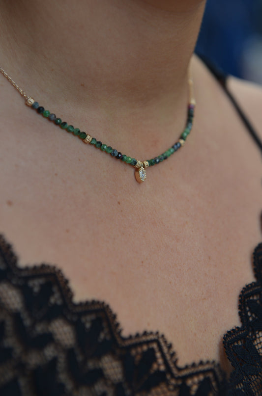 Collier Plaqué Or & Rubis zoisite avec pampille Florette