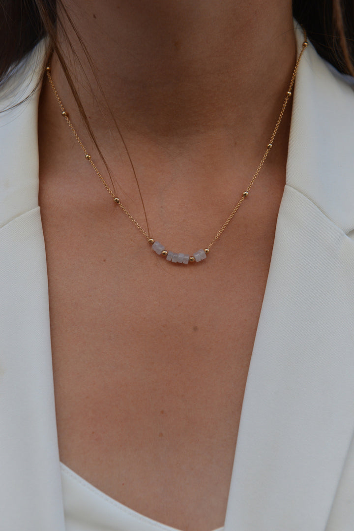 Collier Plaqué Or & Quartz rose chaîne boule Louise